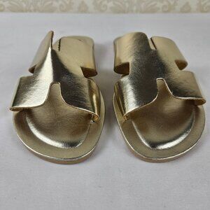 Ouye Size 38 Gold Leather Slides Slip On Sandals Glam Casual Summer Feminine